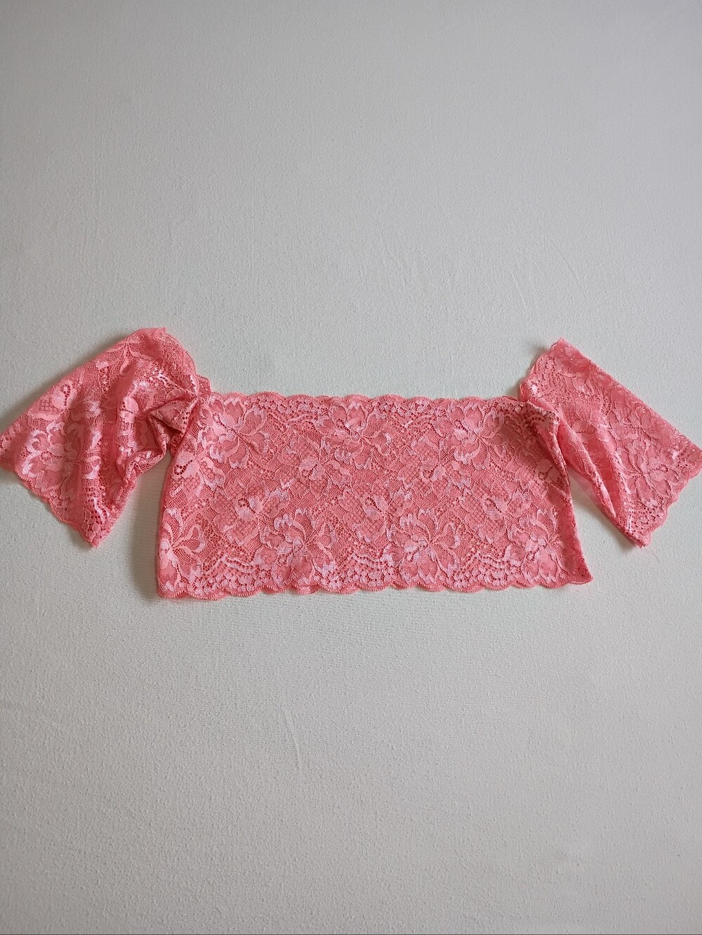 Coral Lace Floral Strapless Bandeau Sheer Crop Top S Feminine Fairycore